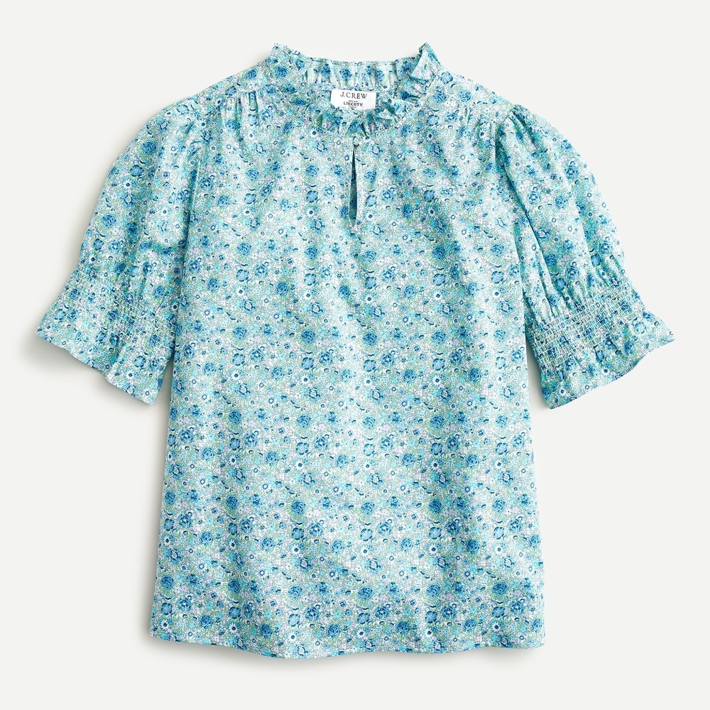 J.Crew Liberty Amelie Green Blue Floral Print Puff Sleeve Tope Blouse XXS